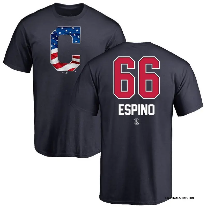 Men's Cleveland Guardians ＃66 Daniel Espino Navy Name and Number Banner Wave T-Shirt