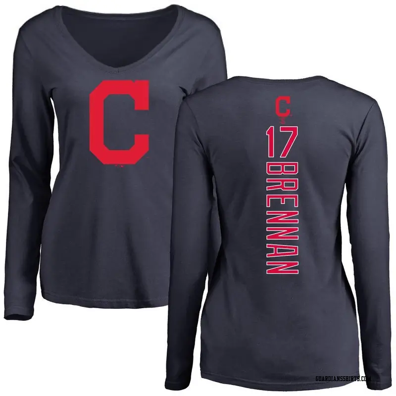 Women's Cleveland Guardians ＃17 Will Brennan Navy Backer Slim Fit Long Sleeve T-Shirt