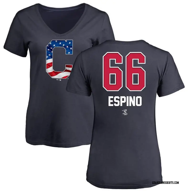 Women's Cleveland Guardians ＃66 Daniel Espino Navy Name and Number Banner Wave V-Neck T-Shirt